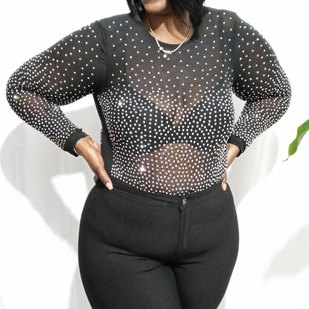 Black Sheer Rhinestone Bodysuit Plus Size